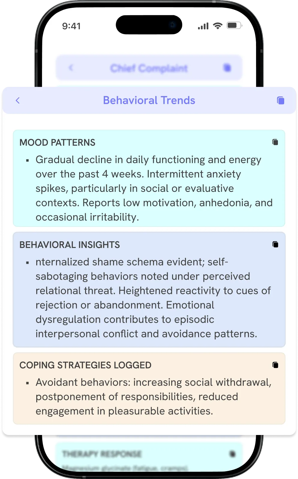  Smartphone showing Marvix AI auto-generated nephrology note with history, complaints, and labs.