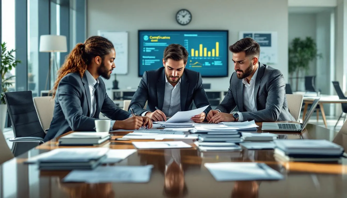 A compliance team is gathered around a conference table, reviewing documents and regulations related to anti-money laundering and financial crimes. They appear focused and engaged, discussing strategies to combat money laundering and ensure compliance within financial institutions.