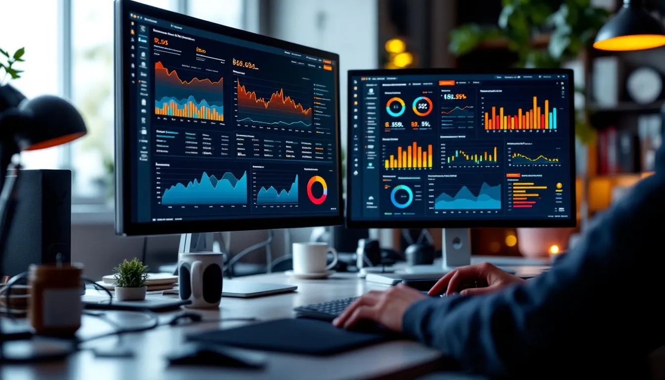 The image features a data analytics dashboard displayed across multiple computer screens, showcasing transaction monitoring patterns that help financial institutions combat money laundering and terrorist financing. Various graphs and charts illustrate suspicious transactions and illicit financial flows, emphasizing the importance of anti-money laundering compliance in the financial sector.