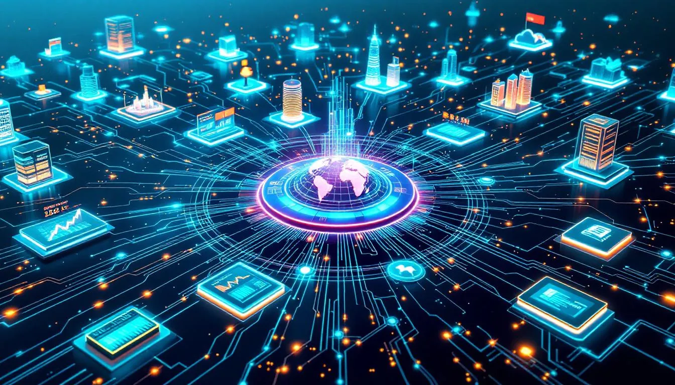 The image depicts a global network visualization illustrating interconnected financial systems and data flows, highlighting the complexities of anti-money laundering efforts and the fight against financial crimes. Key elements include various financial institutions, suspicious transactions, and the importance of international cooperation in combating money laundering and terrorist financing.
