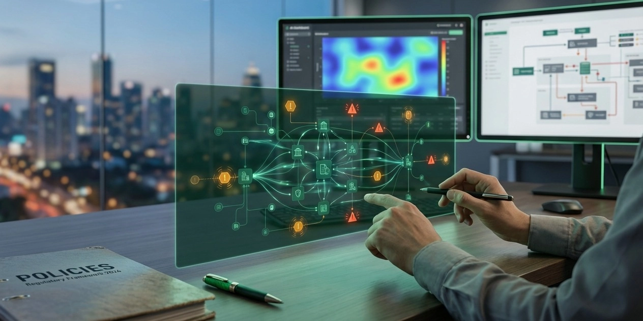 Image of a person studying AI compliance trends on a laptop, reflecting the integration of AI in regulatory processes for 2026.