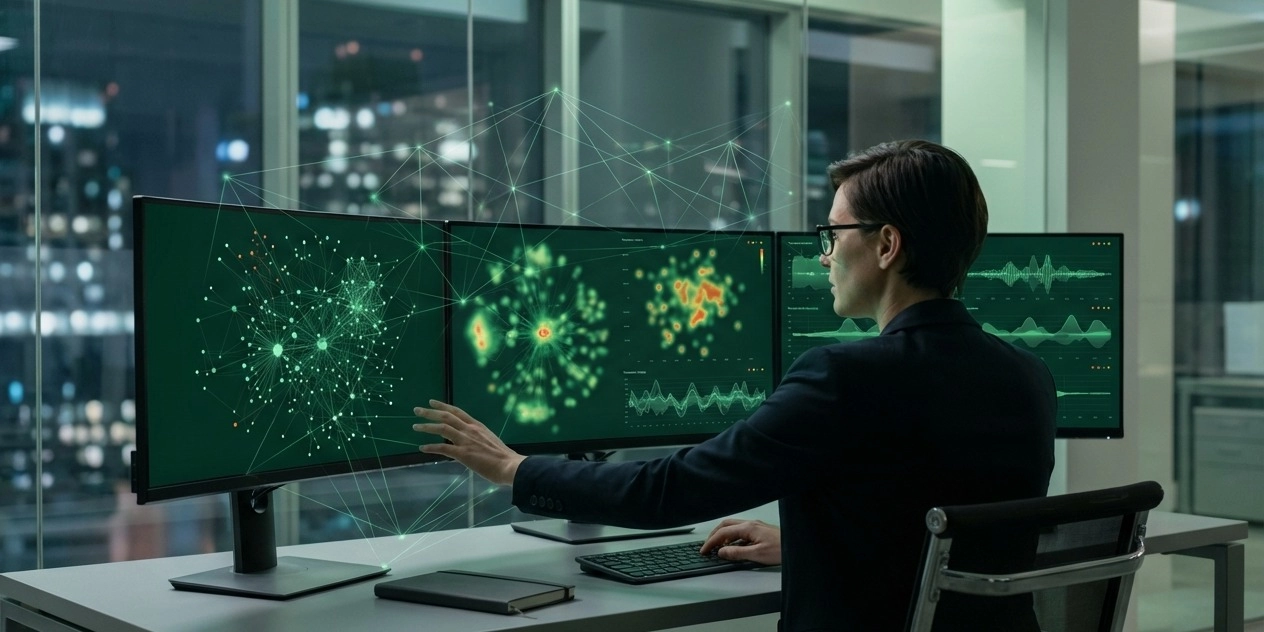 AI dashboard visualizing real-time fraud detection: machine learning graphs spotting anomalies in transactions, shielding money flows from fraudsters.