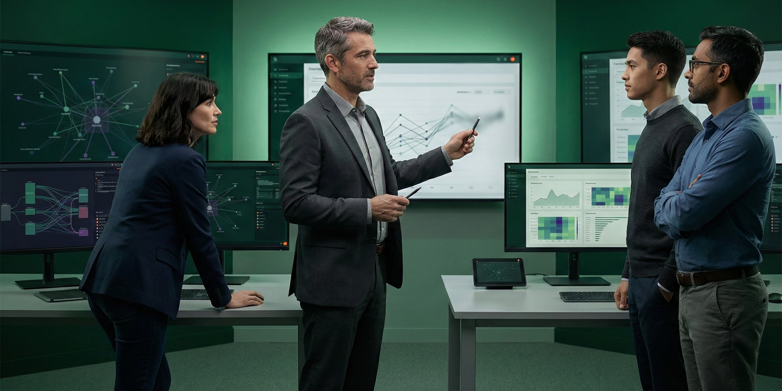 a small group of 3–4 diverse modern finance and compliance professionals in a contemporary AML operations room