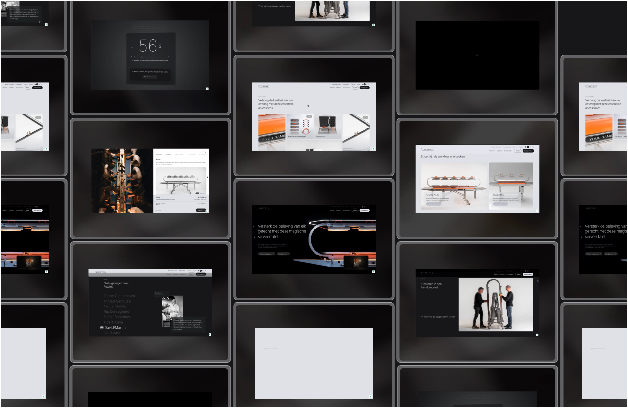 Een collage van schermen toont verschillende websitepagina's met teksten en afbeeldingen over servettafels en cateringaccessoires.