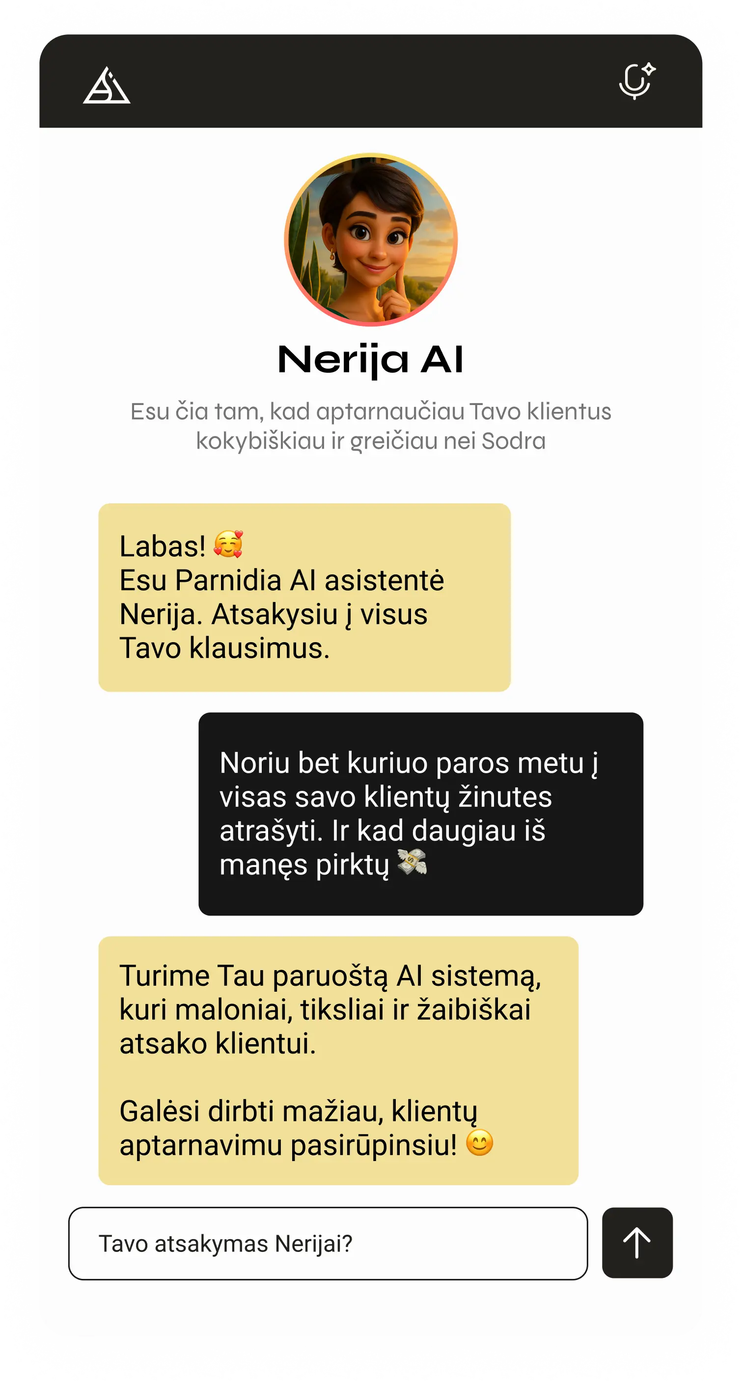 A smartphone displaying a chat interface with an AI assistant named Neria, offering customer support. The conversation includes greetings and mentions of AI efficiency in responding to customers.