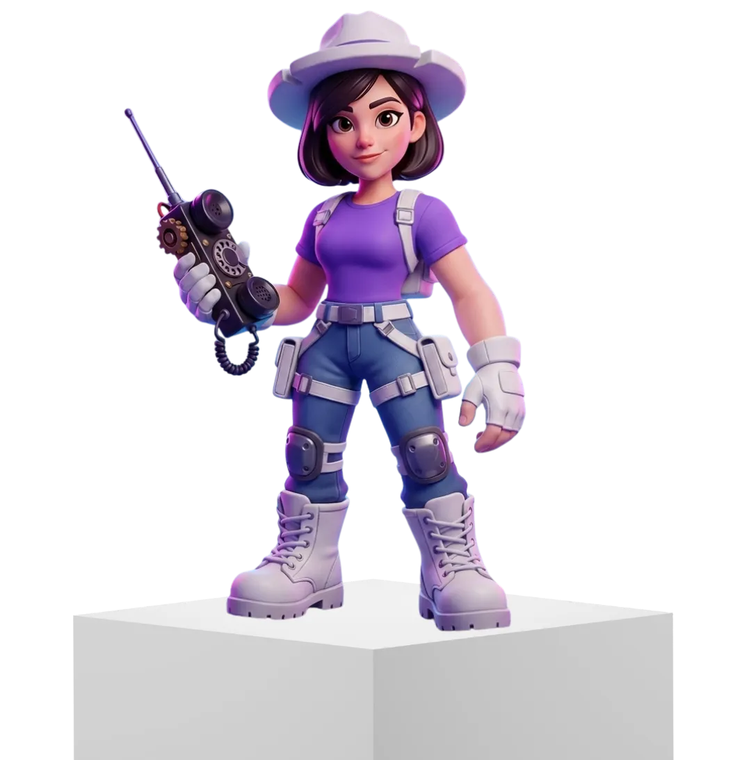 3D cartoon female explorer wearing a purple shirt, blue pants with knee pads, white boots, gloves, and a white hat, holding a walkie-talkie.