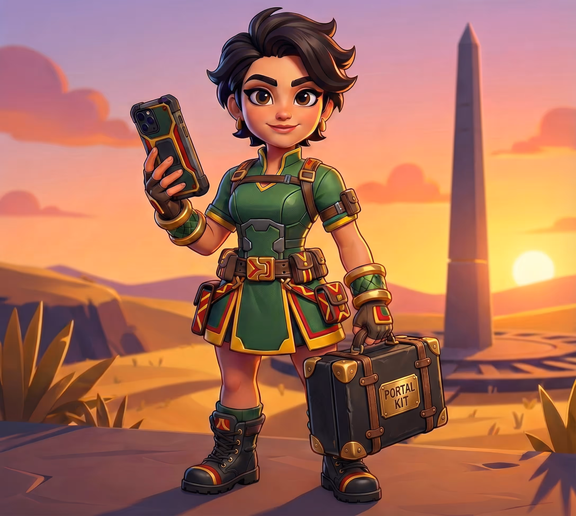 Animated character in green tactical outfit holding a smartphone and a black case labeled 'PORTAL KIT' with a desert landscape and obelisk at sunset in the background.