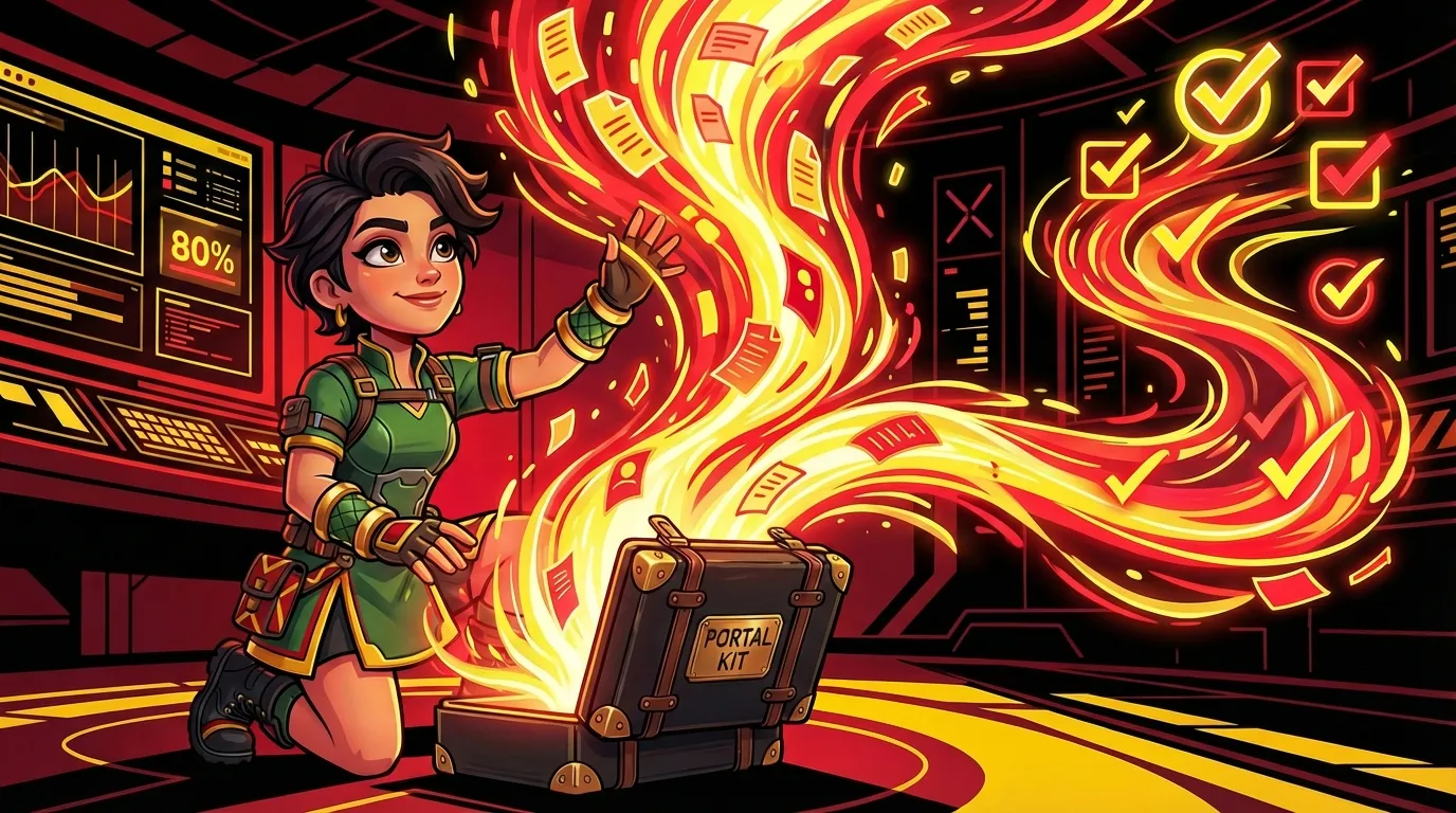 Animuota raudonoji panda su ausinėmis ir oranžiniu kimono, spaudžiantis 100% antspaudą, fone grafikai ir daugybė varnelės ženklų.