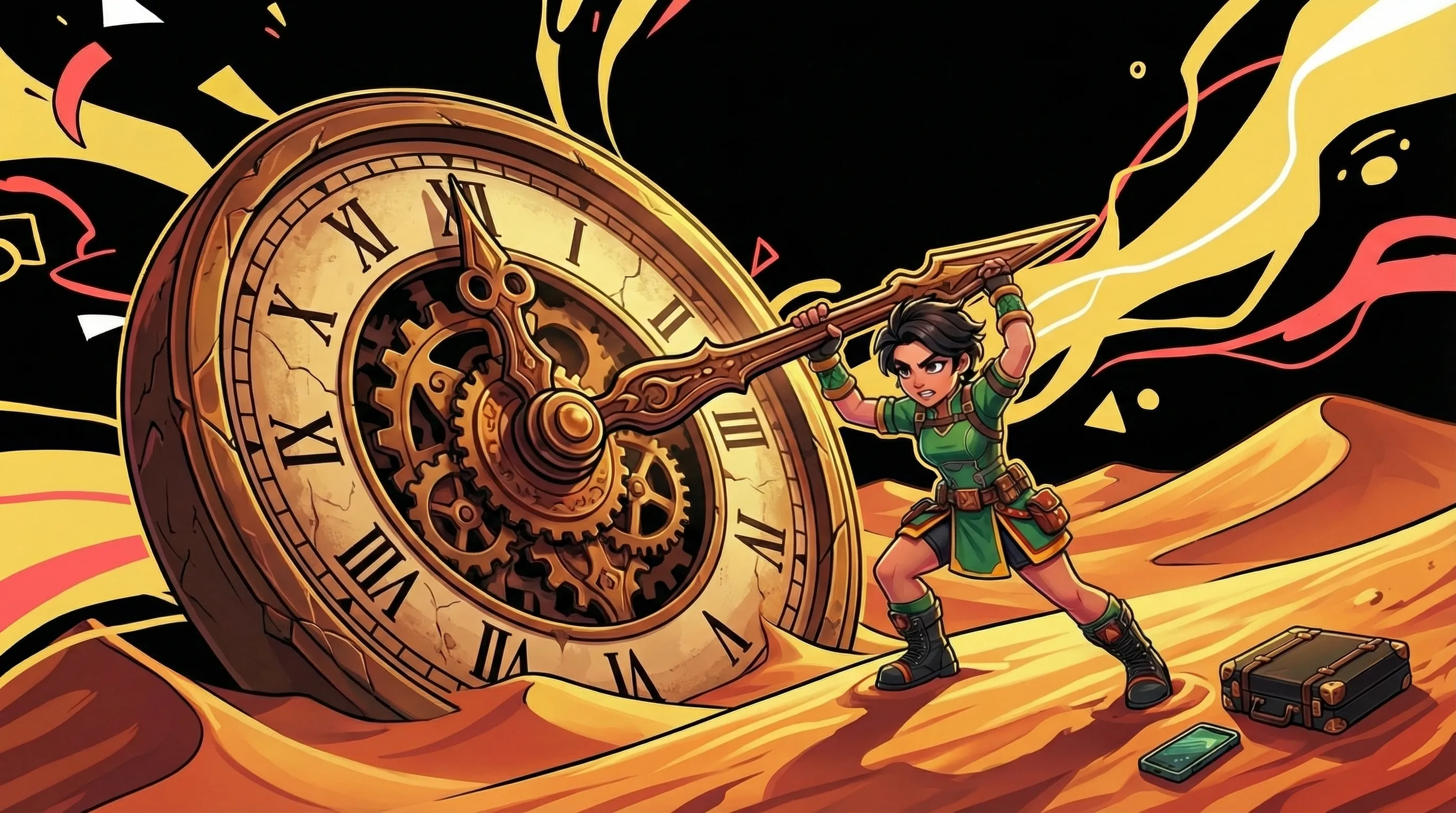 Raudonoji panda su ausinėmis ir raudona oranžiniu kimano laiko oranžinį skydą, blokuodama violetinį energijos sūkurį.