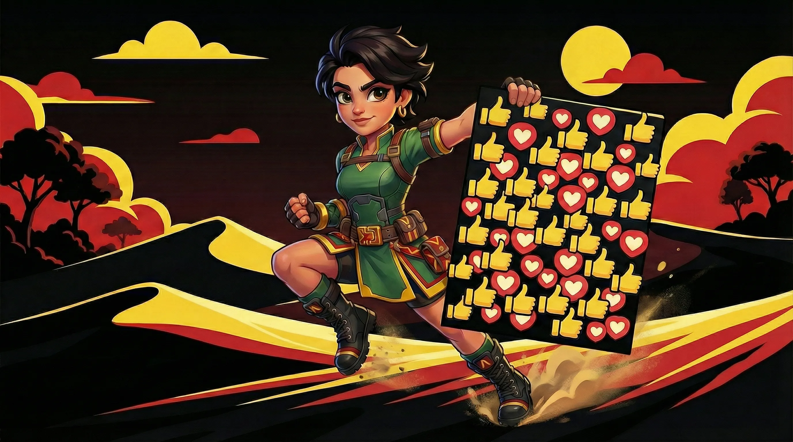 Mieganti raudonoji panda su oranžiniu kimano supasi purpuriniame hamake šalia vinilinių įrašų ir kasečių.