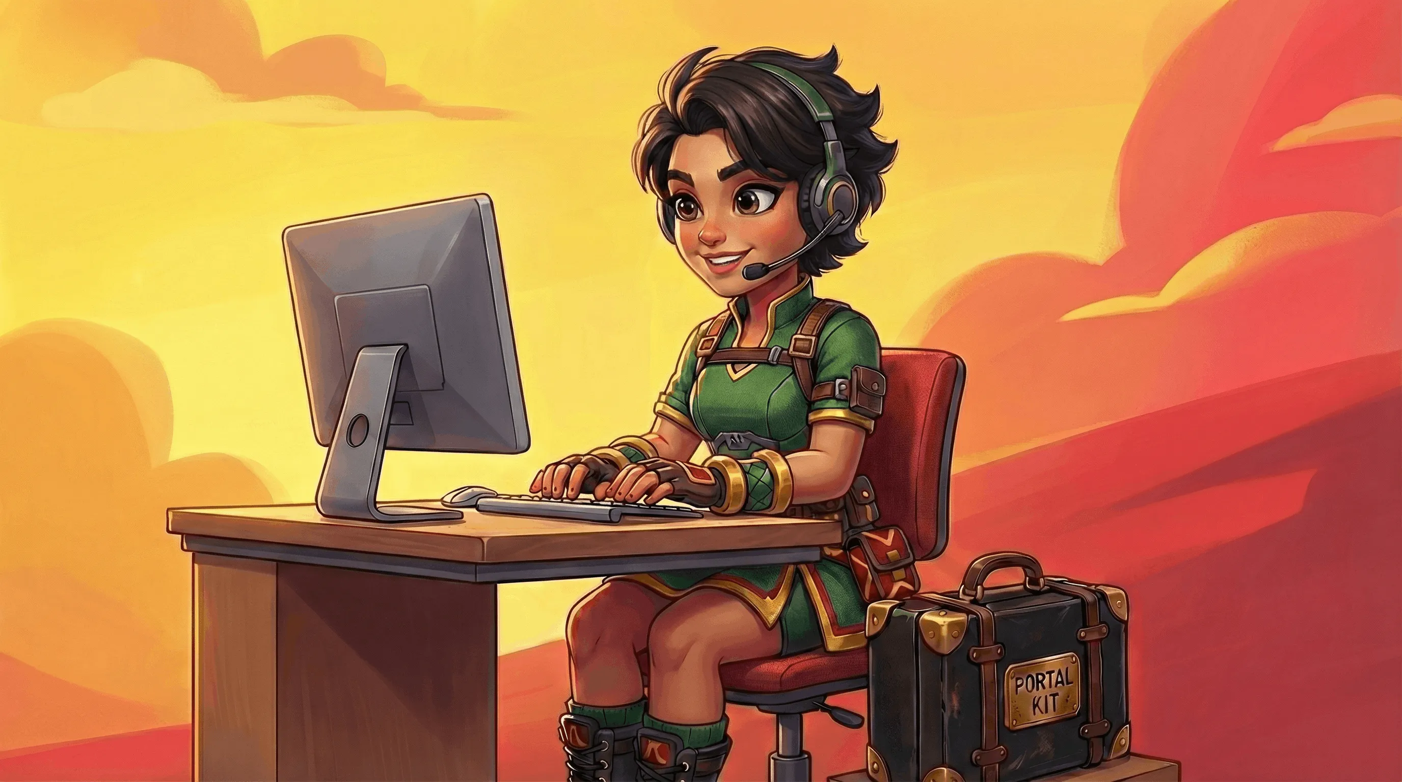 Young animated woman wearing green outfit and headset typing on a computer keyboard with a 'Portal Kit' case by her side.