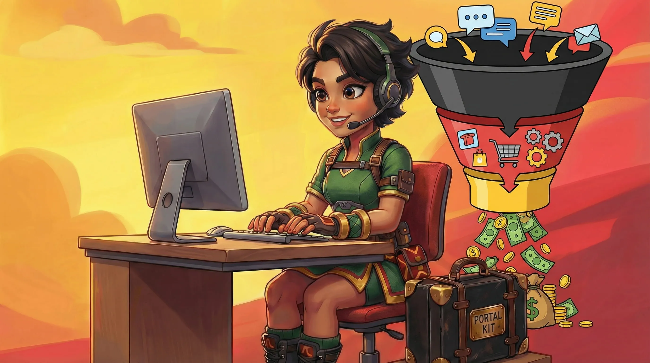 Illustration of a woman wearing a headset sitting at a desk, typing on a keyboard with a sales funnel in the background converting messages into money.
