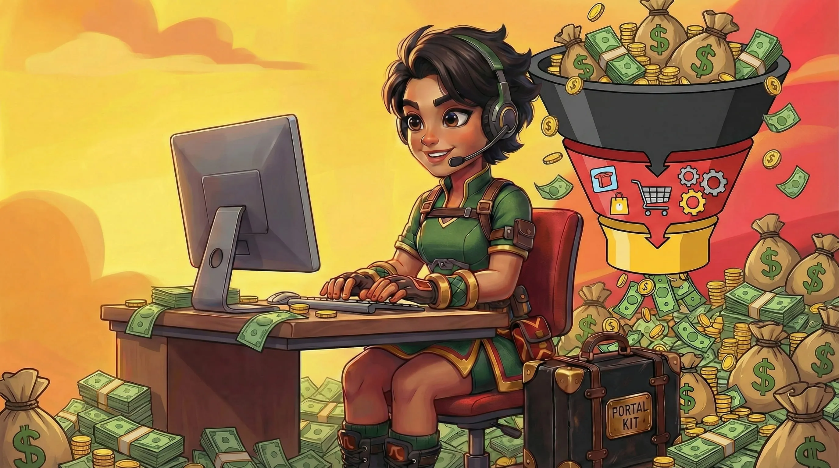 Cartoon woman with headset typing on a computer surrounded by piles of cash and coin bags with a money funnel graphic in the background.