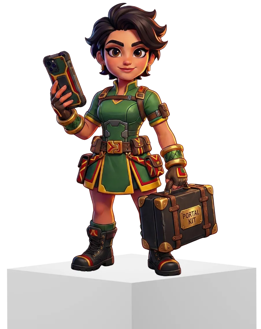 3D animated female character in green tactical outfit holding a smartphone.