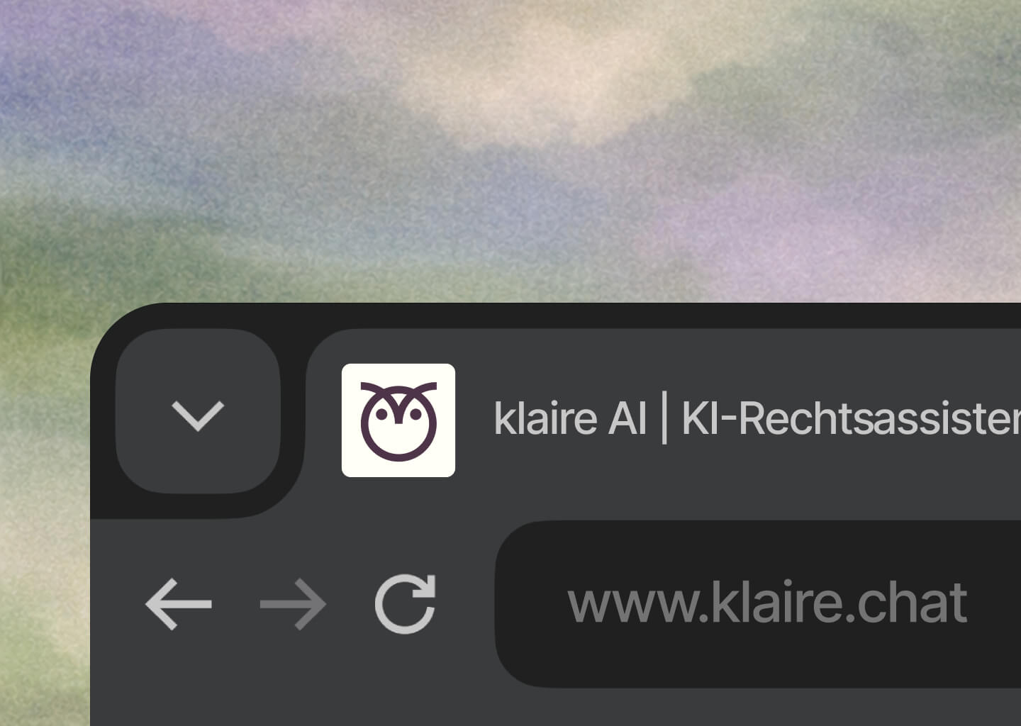 Browser-Tab mit Klaire-Favicon (Eulensignet) und Seitentitel „klaire AI | KI-Rechtsassistent", URL: www.klaire.chat