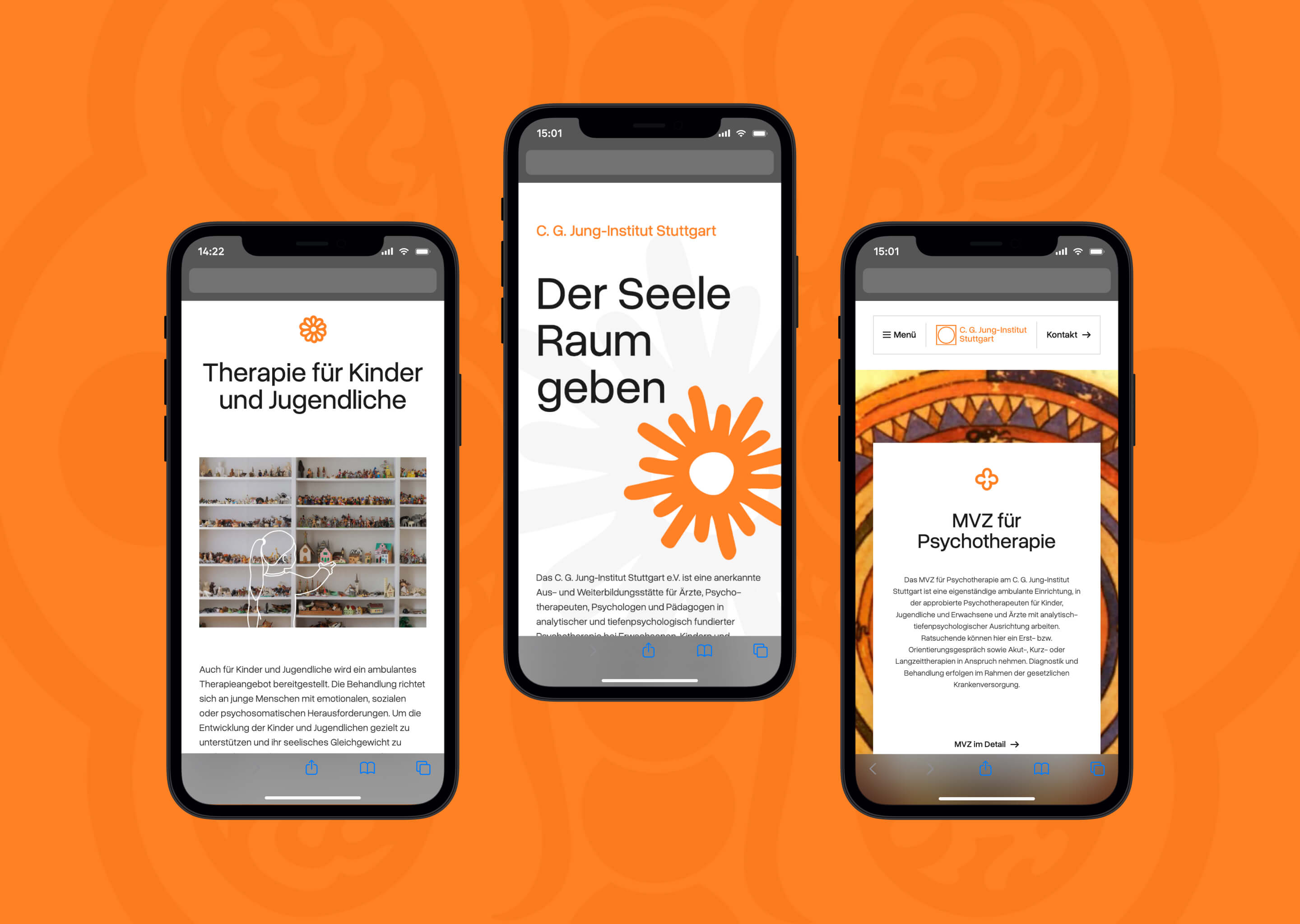 Drei Smartphones mit der mobilen Website: Startseite, Therapie für Kinder und Jugendliche sowie MVZ für Psychotherapie.