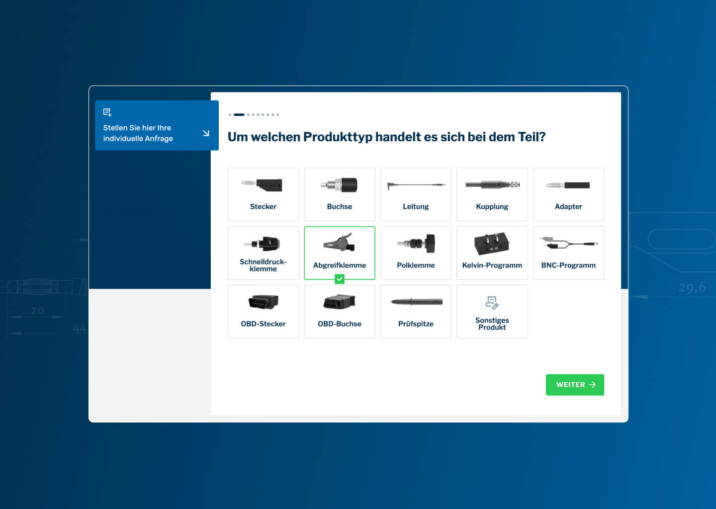 Erster Schritt der Anfrage-Klickstrecke: Auswahl des Produkttyps über Bildkacheln, „Abgreifklemme" markiert