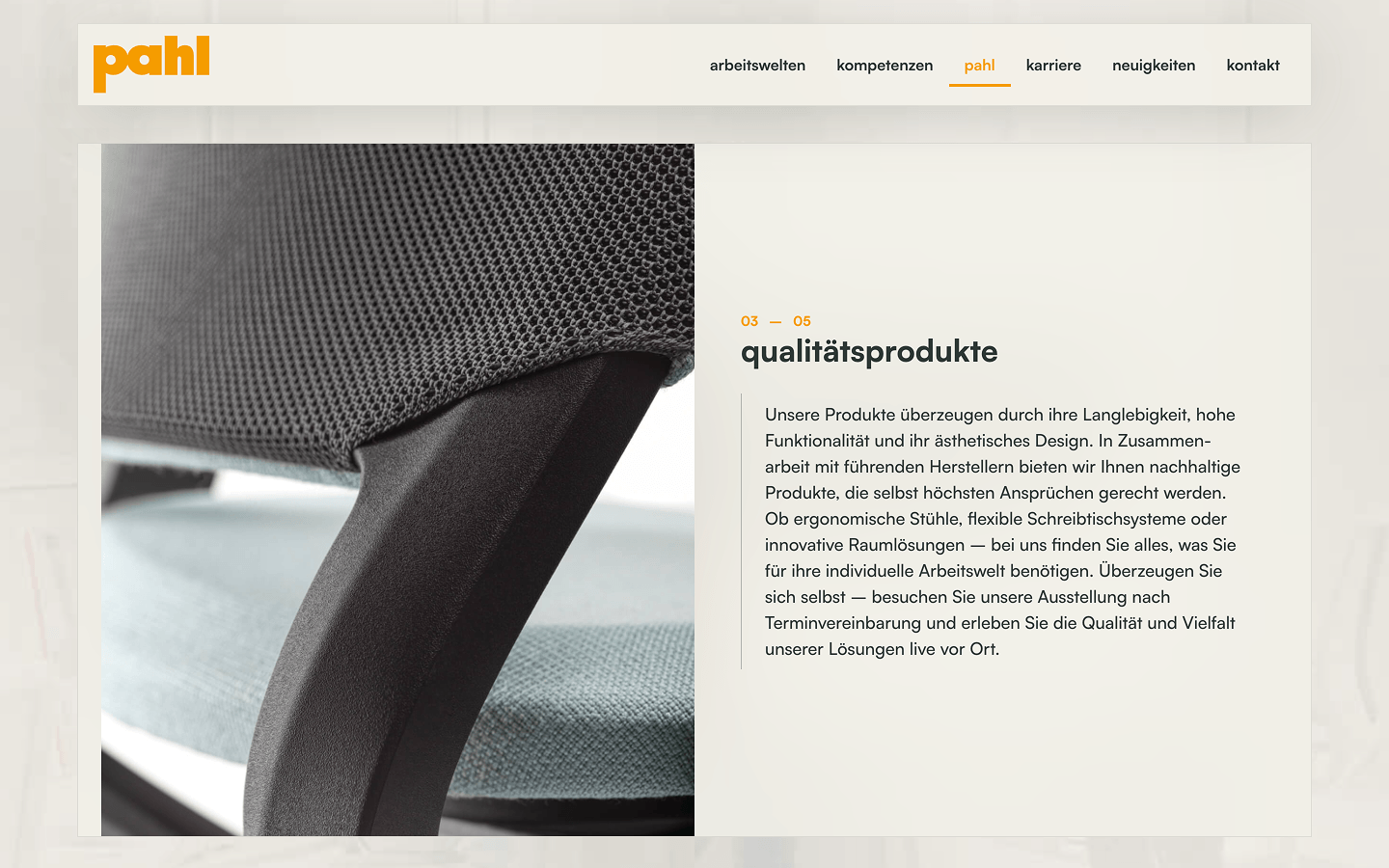 Vorschau der pahl-Website mit Projekt-Portfolio für Büroraumgestaltung