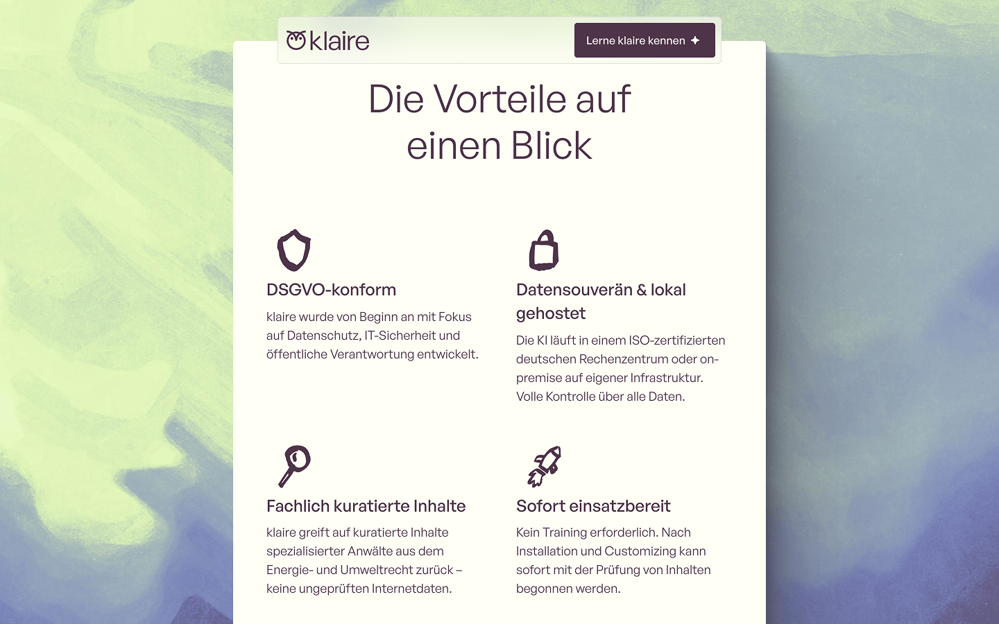 Vorschau der klaire-Website, eines KI-Tools für Nachhaltigkeitskommunikation