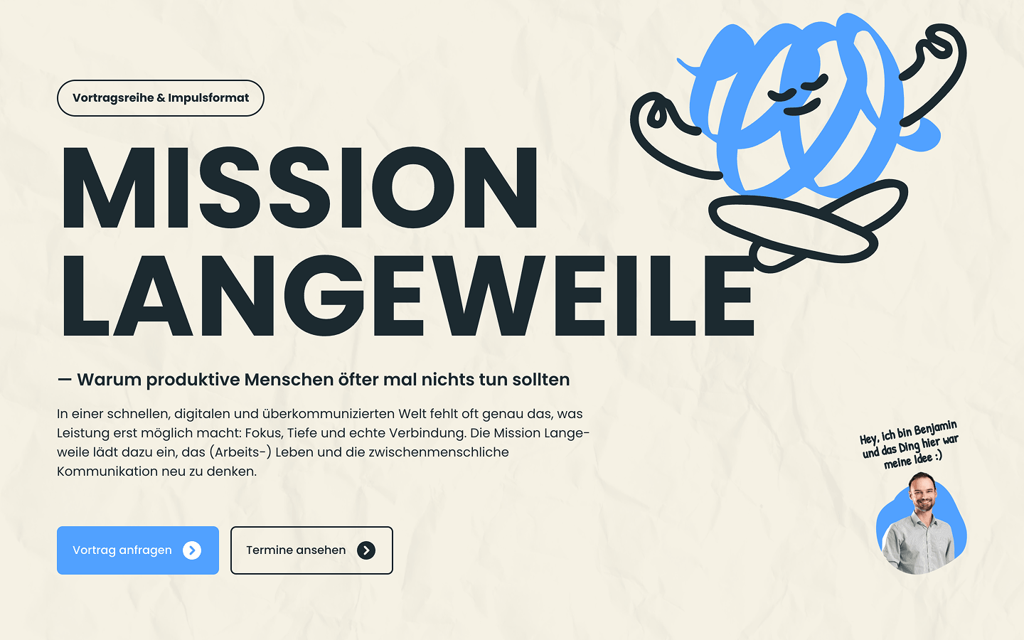 Vorschau der Mission-Langeweile-Website, dem Vortragsformat von Benjamin Burkard