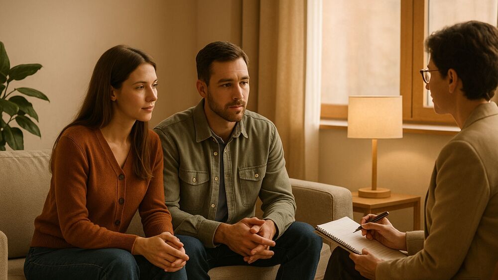 Couple sitting with a therapist, beginning their relationship support journey.