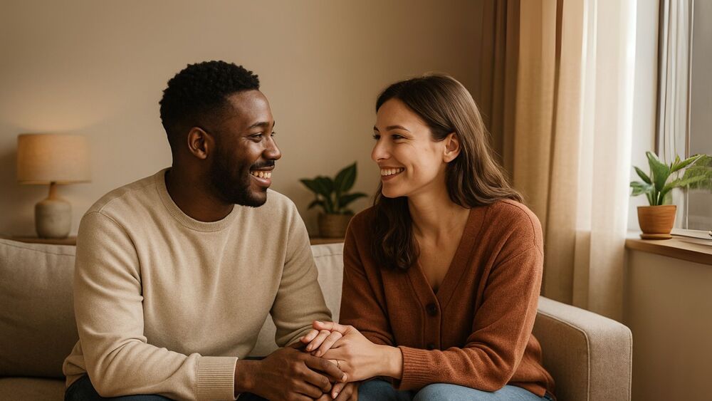 Smiling couple looking at each other, showing warmth and connection.