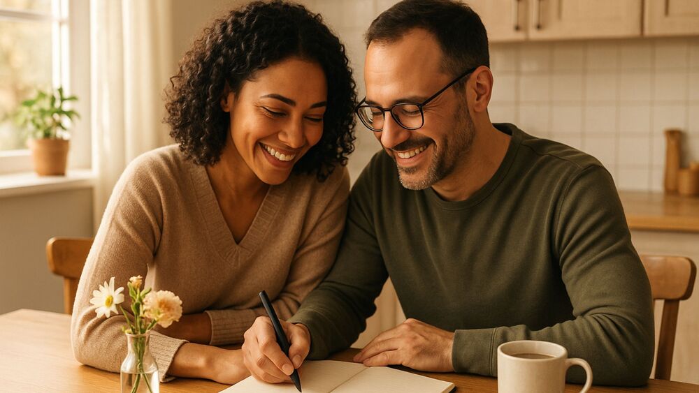 Couple setting goals together as the man writes, showing teamwork and unity.