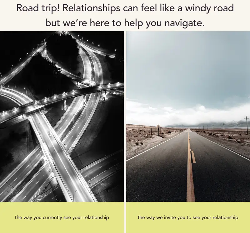 Illustration of two diverging roads labeled with different relationship paths, symbolizing how childhood beliefs and upbringing shape the way we give and receive love in adulthood.