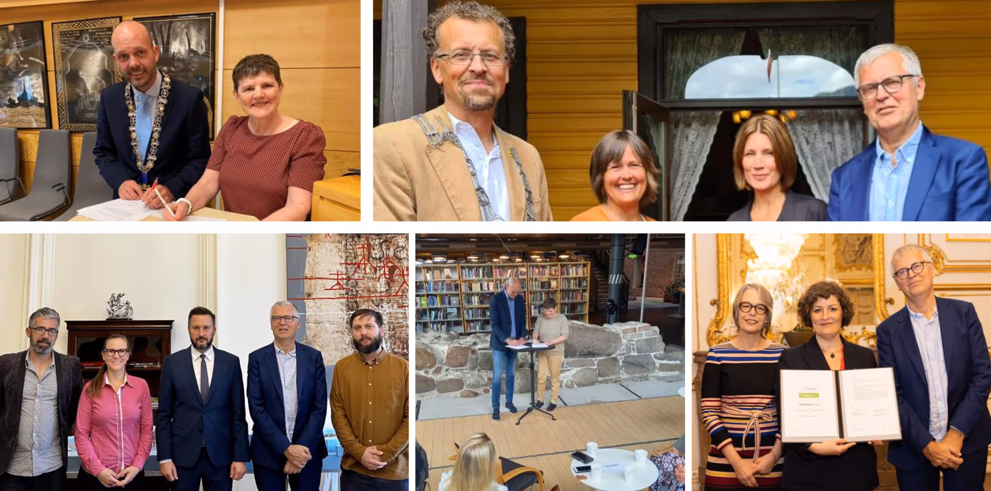 Photos: 2022 ICORN Membership Agreement Signing Ceremonies: From top left: Sarpsborg, Tokke, Bratislava, Færder, Strasbourg.