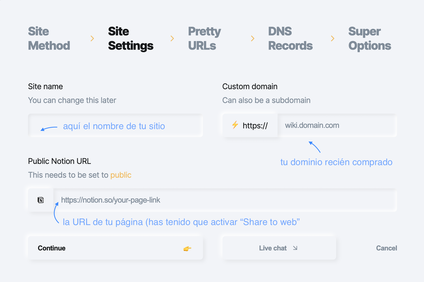 Panel de Site Settings de Super.so