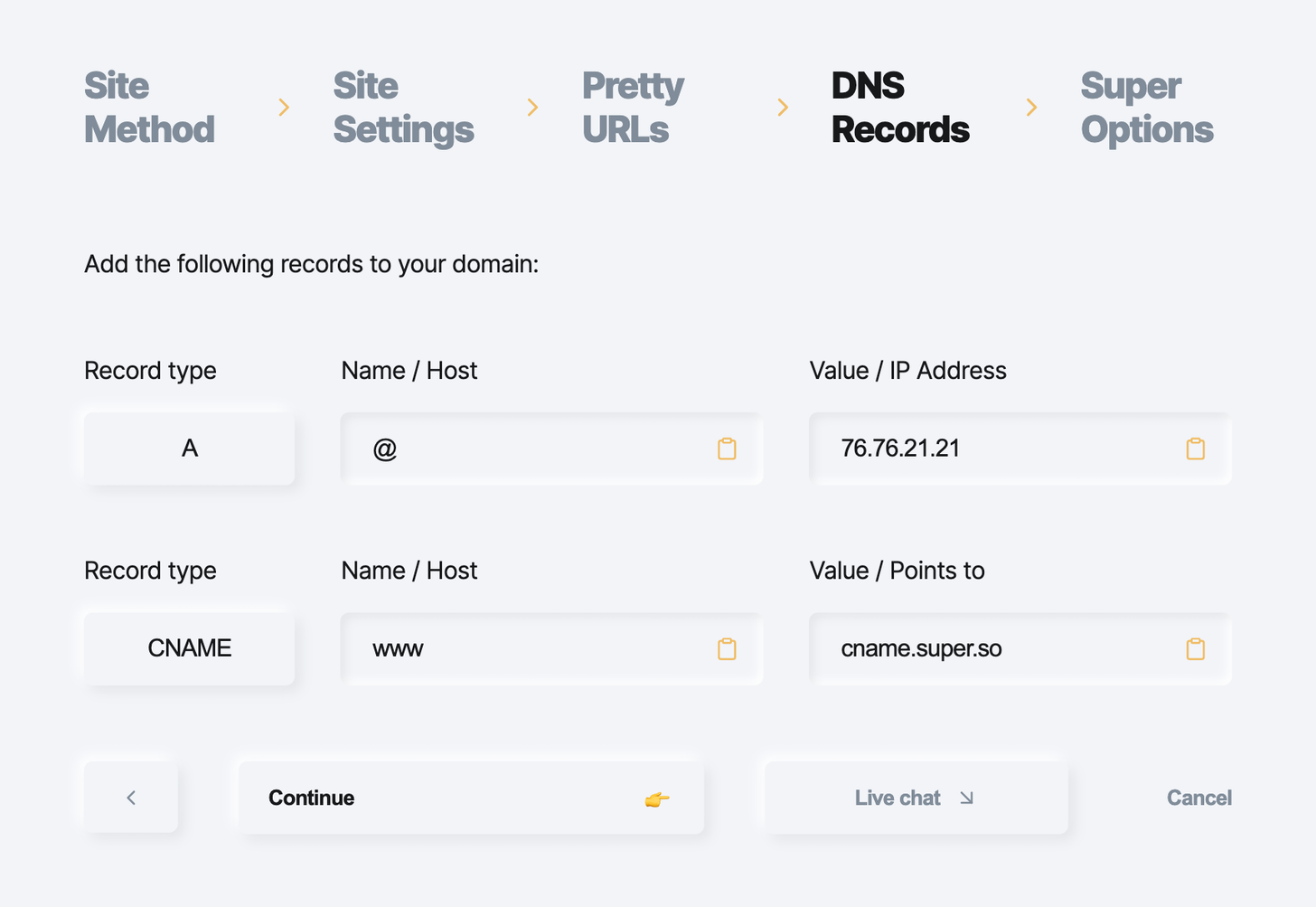 Panel para modificar los DNS records en Super.so