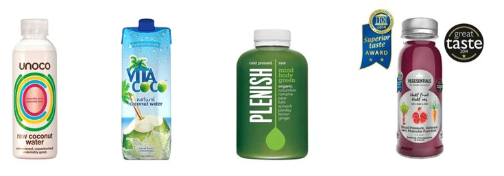Unoco coconut water, vita coconut water, Plenish juice and Vegesentials beetroot, pomegranate and carrot juice containers