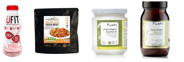 Ufit protein shake, Performance peri peri chicken, Fusih organic olive oil and Fusci macha powder packaging