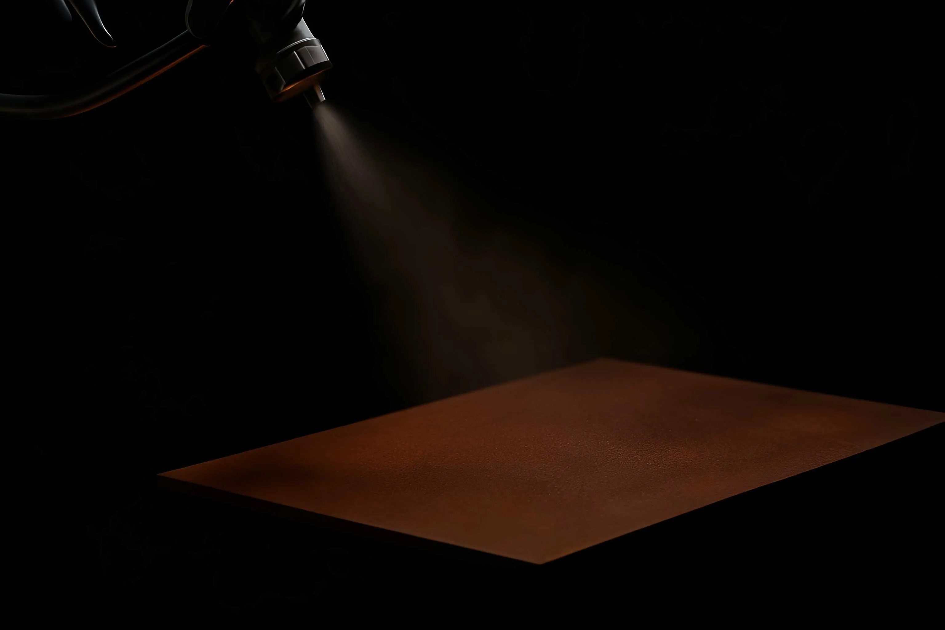 Spruzzo di vernice speciale su superficie effetto Corten, con sfondo nero. Applicazione tecnica ed emozionale delle vernici speciali Molteni Vernici