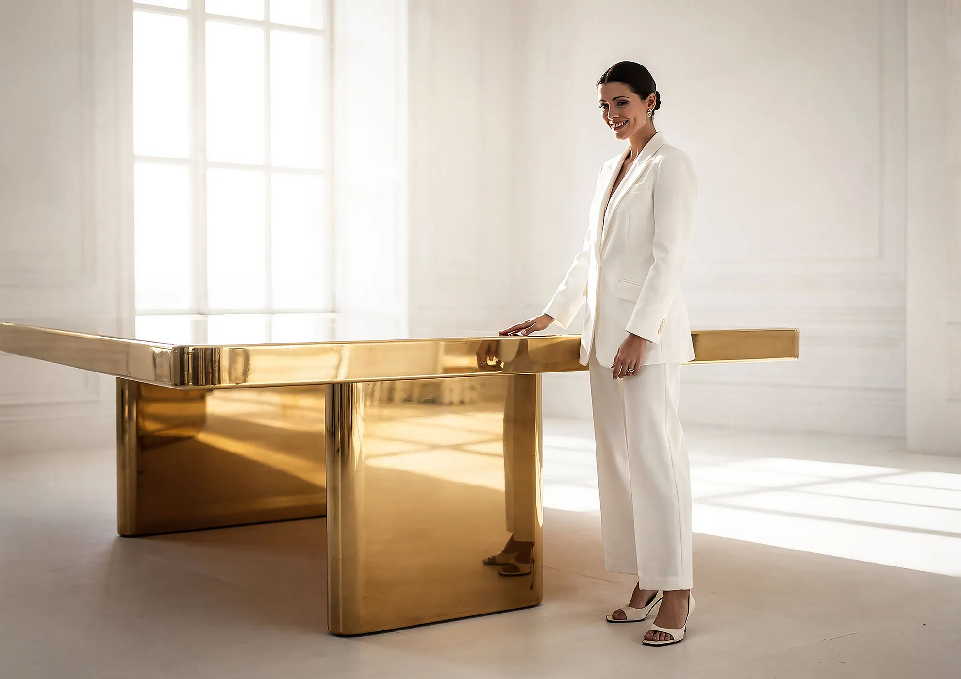 Donna in completo bianco con tacchi bianchi, appoggiata a un tavolo rettangolare moderno in metallo dorato lucido in una stanza luminosa.