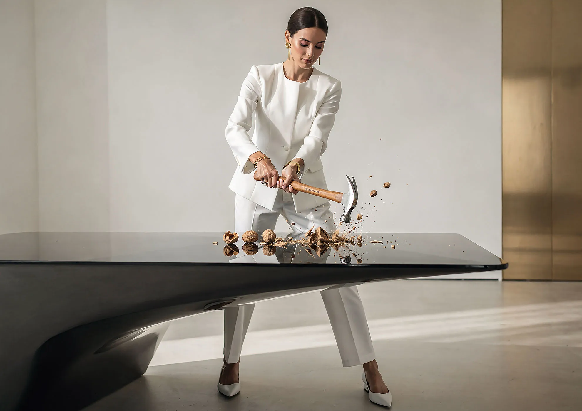 Donna elegante in completo bianco che rompe noci con un martello su un tavolo nero lucido.