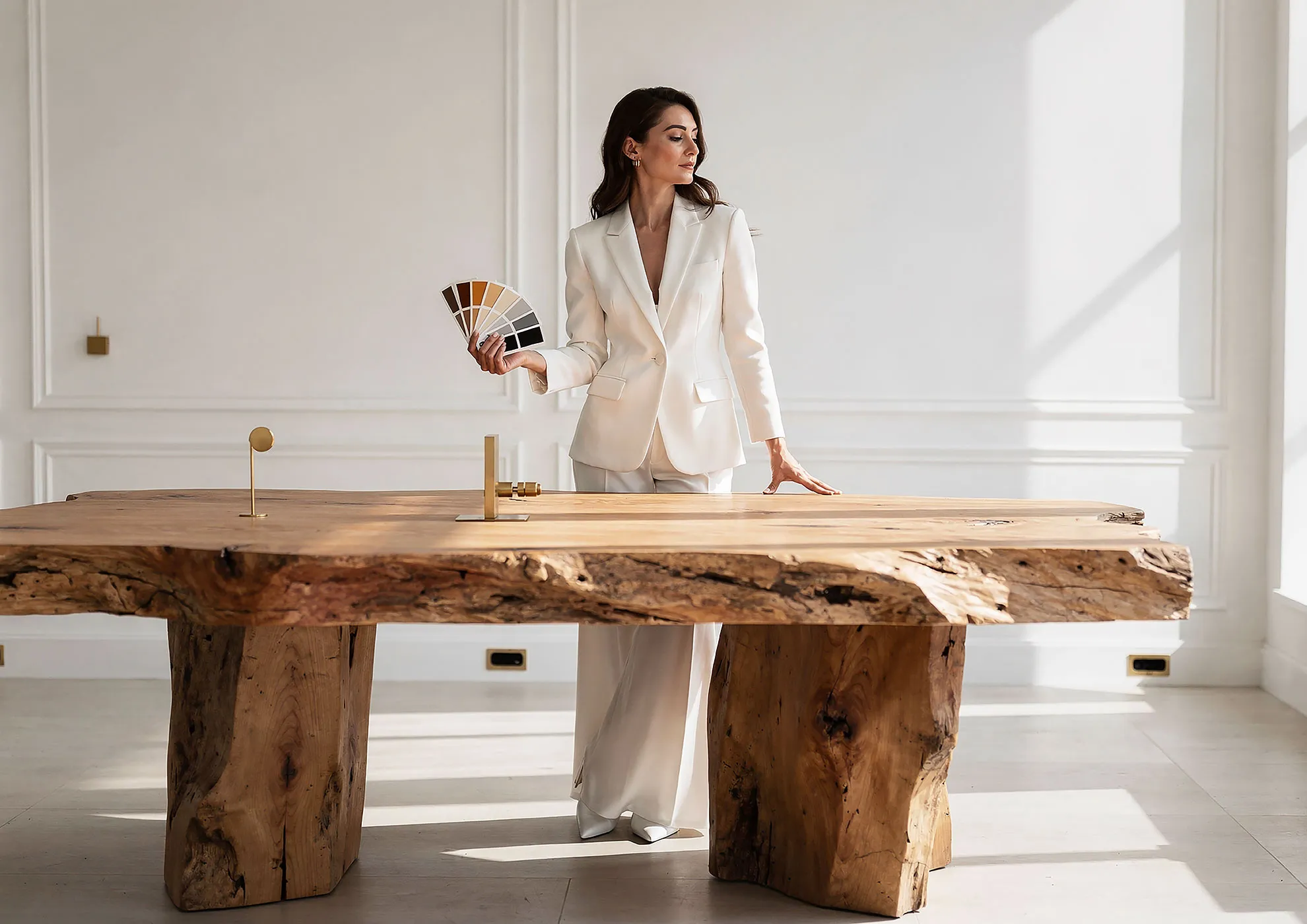 Donna elegante in completo bianco tiene una tavolozza di colori e tocca un grande tavolo rustico in legno massiccio in una stanza luminosa.