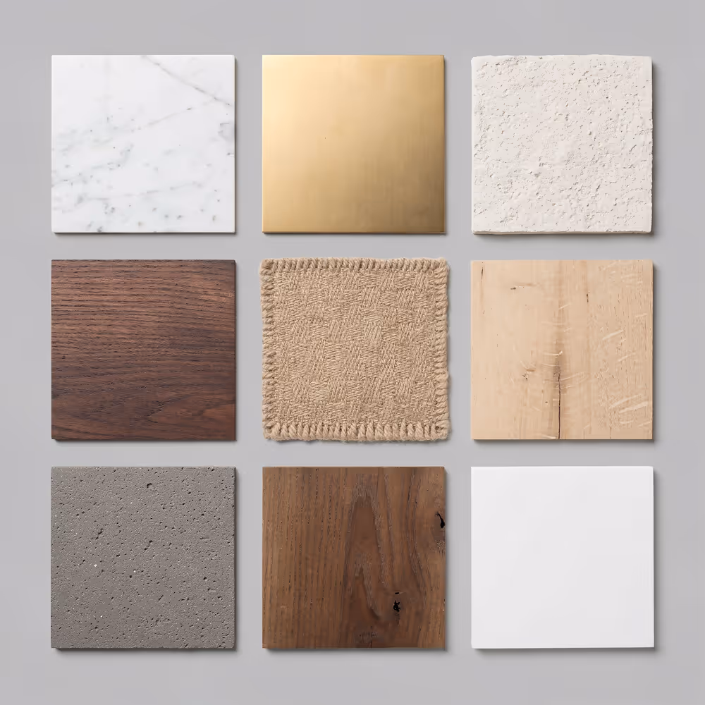 Metallic decorative finishes collection with brushed metal, warm alloys and tactile surfaces designed for architectural and design applications.
