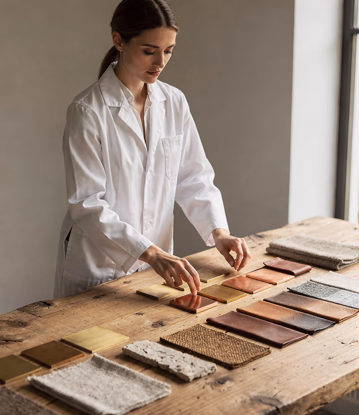 Material selection process at Molteni Vernici Maison with architectural surface samples carefully arranged on a work table