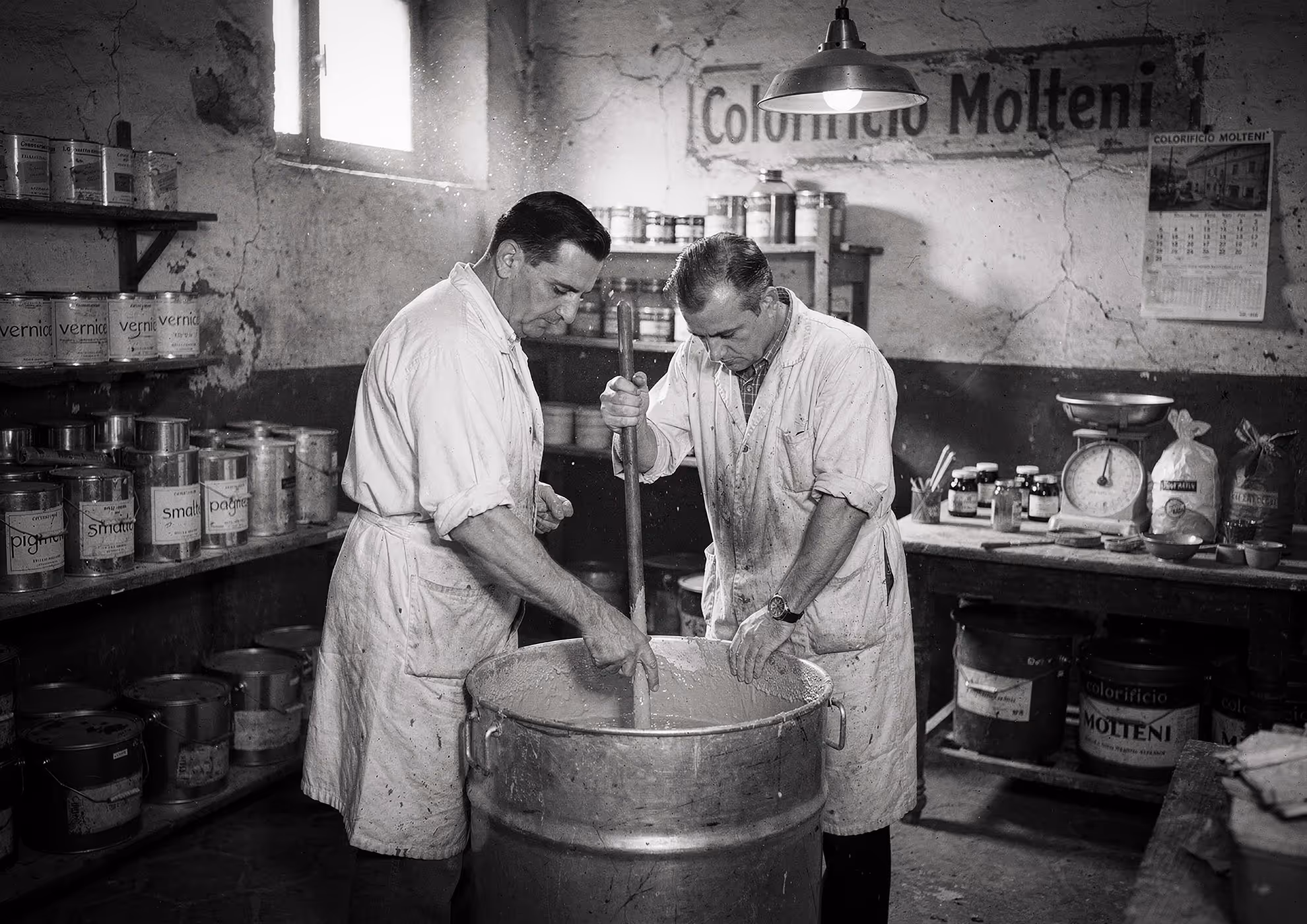 Historic Molteni Vernici workshop in 1948 in Cantù, Italy, where the first special coatings and architectural finishes were developed and produced.