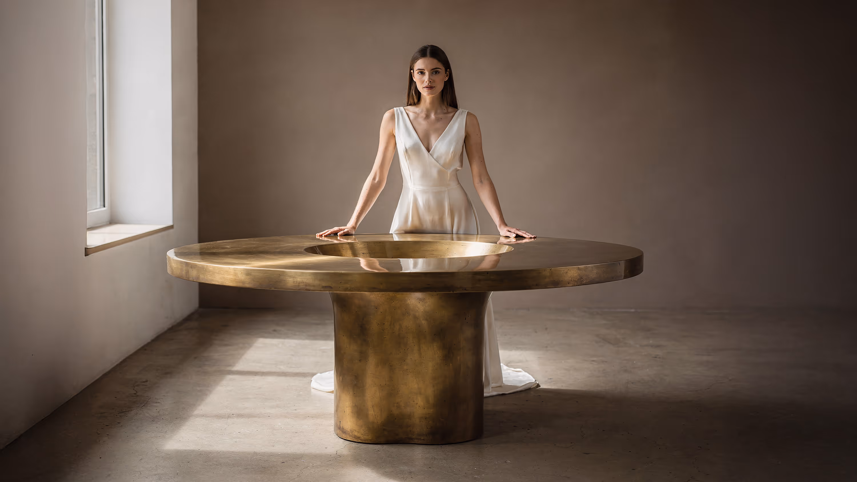 Minimalist architectural scene with a woman in a black couture dress standing on a reflective surface, expressing Molteni Vernici’s approach to special paints, advanced surface technologies, and design-driven material innovation.