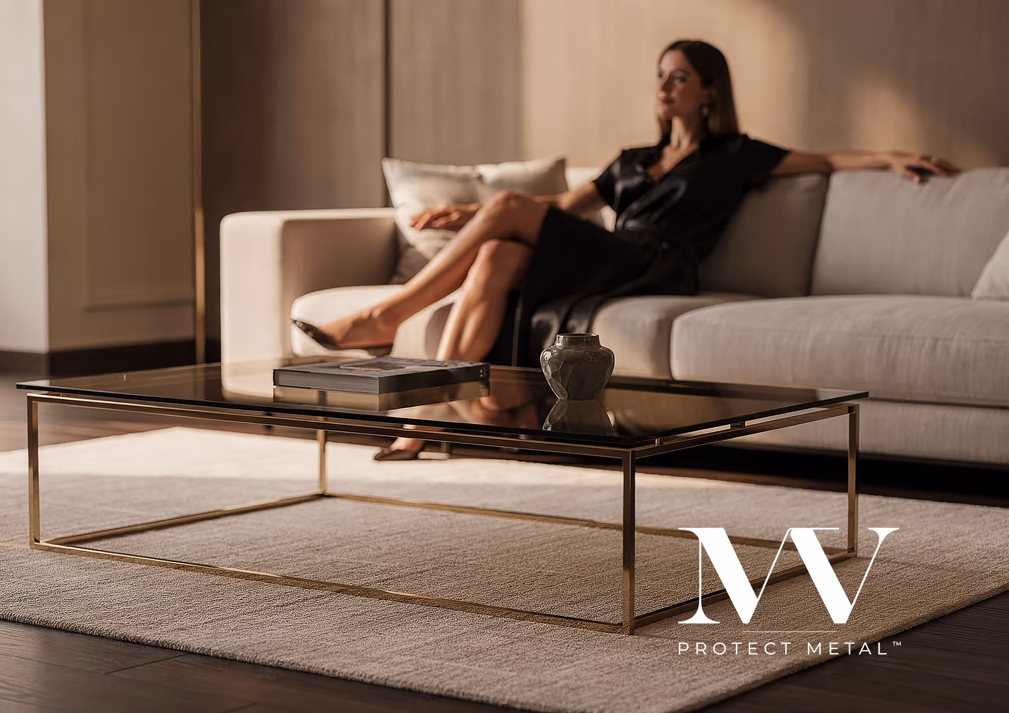 MV Protect Metal system enhancing bronze architectural frame with high-performance anti-scratch and anti-fingerprint technology, delivering controlled reflection and long-term durability in luxury interior applications