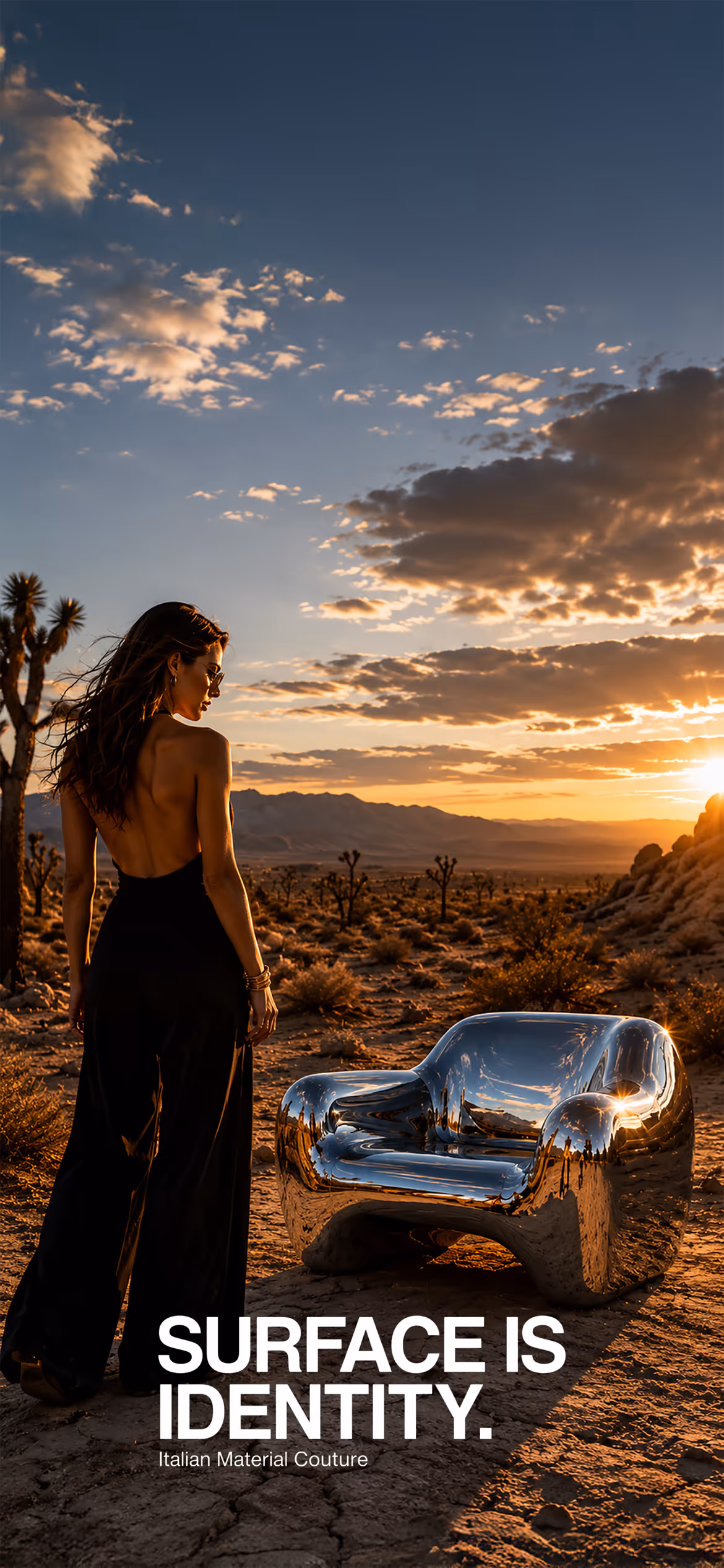 Chrome Mirror mirror-effect chrome finish applied to a contemporary monolithic chair in the Mojave Desert. High-reflectivity chrome surface reflecting the surrounding landscape, sunset light and natural environment. Luxury design and architectural surface by Molteni Vernici.