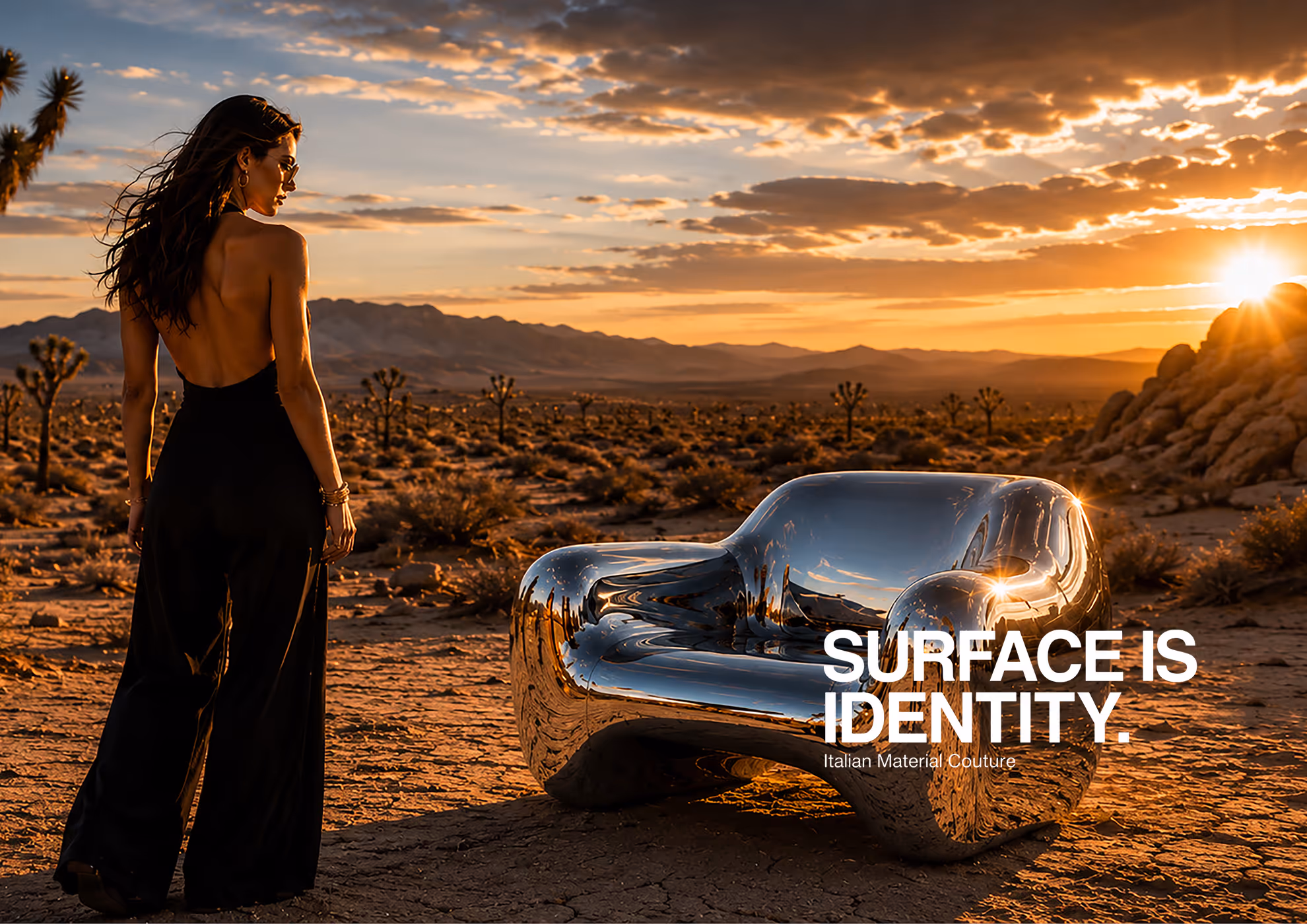 Chrome Mirror mirror-effect chrome finish applied to a contemporary monolithic chair in the Mojave Desert. High-reflectivity chrome surface reflecting the surrounding landscape, sunset light and natural environment. Luxury design and architectural surface by Molteni Vernici.