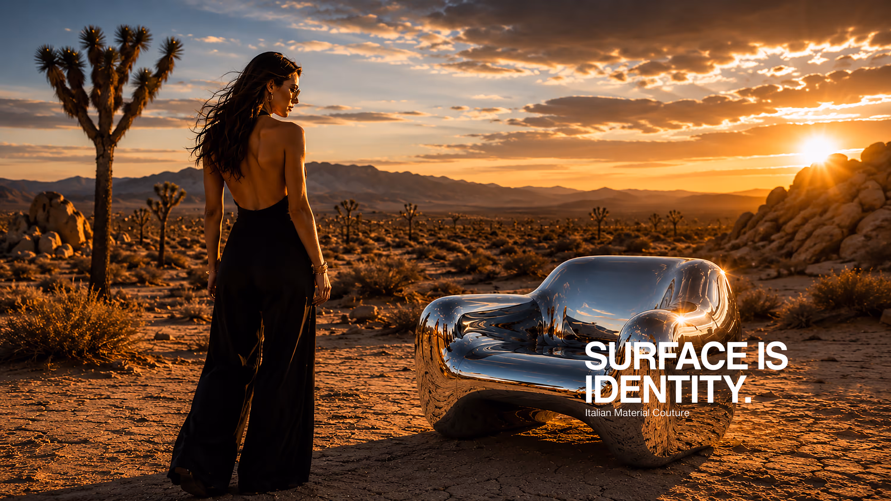 Chrome Mirror mirror-effect chrome finish applied to a contemporary monolithic chair in the Mojave Desert. High-reflectivity chrome surface reflecting the surrounding landscape, sunset light and natural environment. Luxury design and architectural surface by Molteni Vernici.