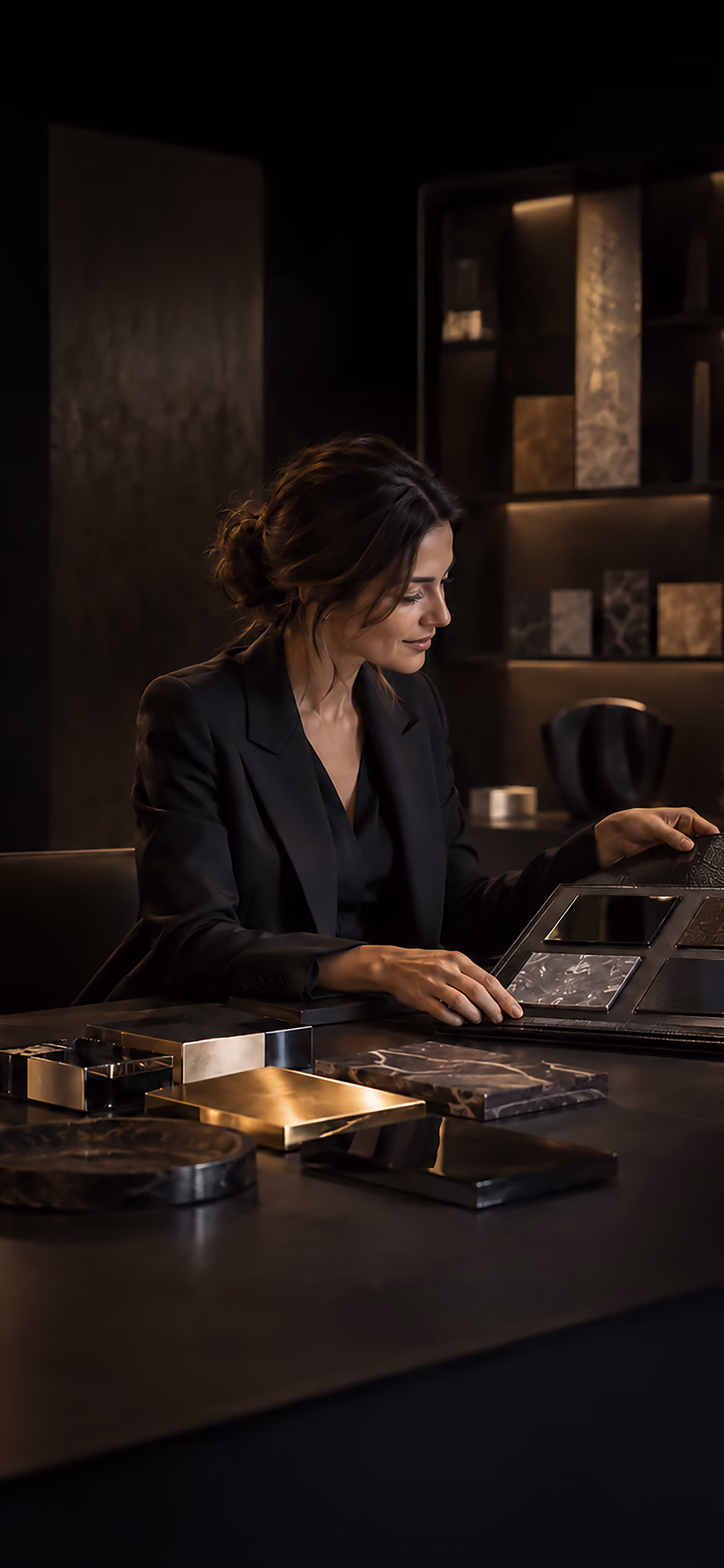 Molteni Vernici material consultation in an elegant atelier featuring exclusive decorative finishes for luxury interior design