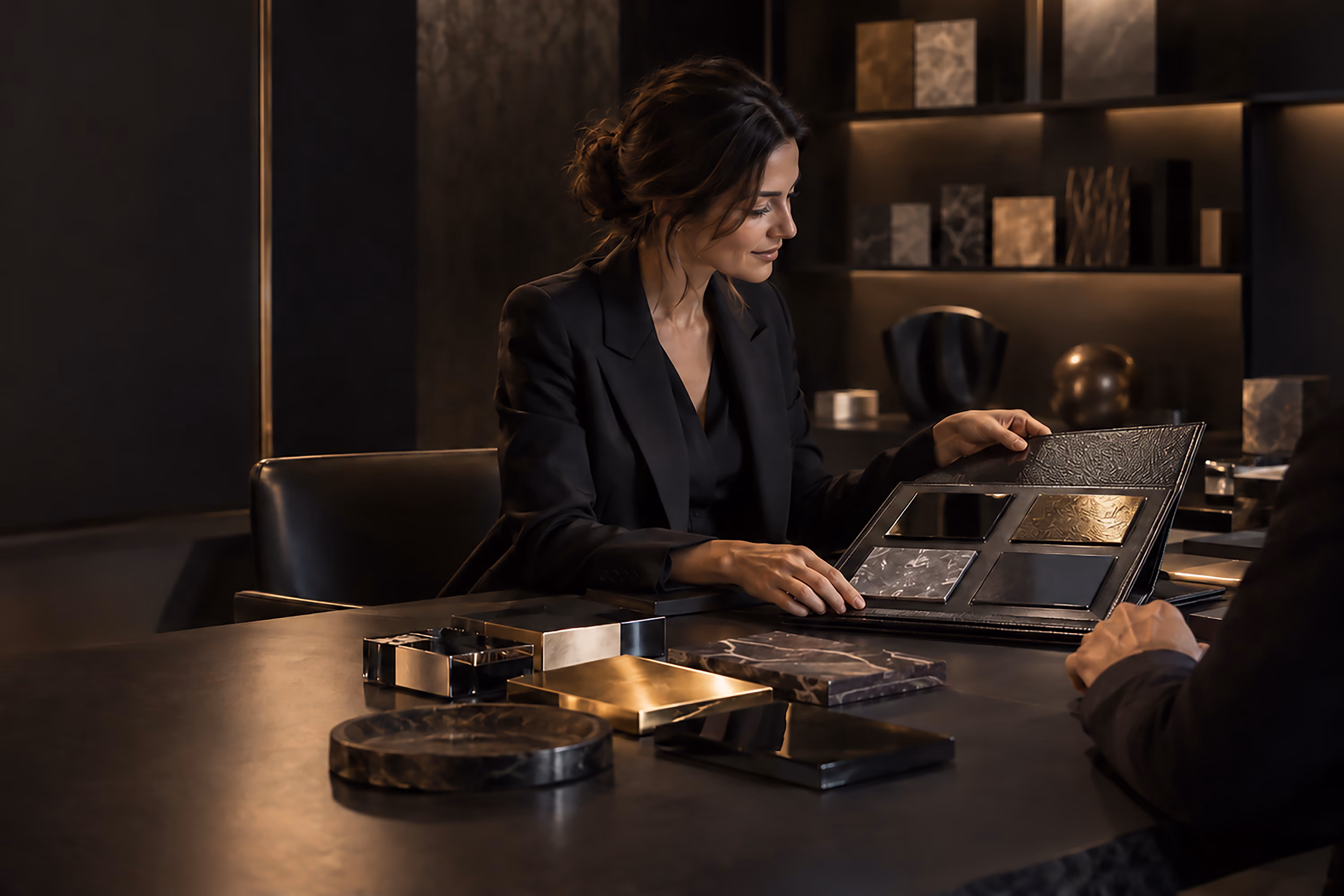 Molteni Vernici material consultation in an elegant atelier featuring exclusive decorative finishes for luxury interior design