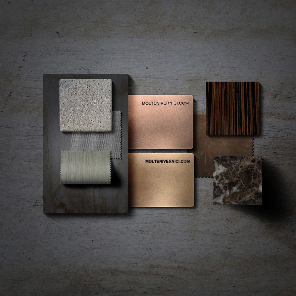 Speziallacke und MOLTENI-VERNICE Oberflächen-Materialproben in verschiedenen Texturen