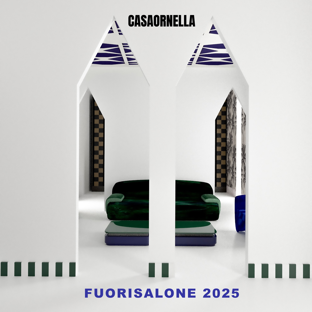 Installazione Casaornella con divani verdi e bianchi al Fuorisalone 2025