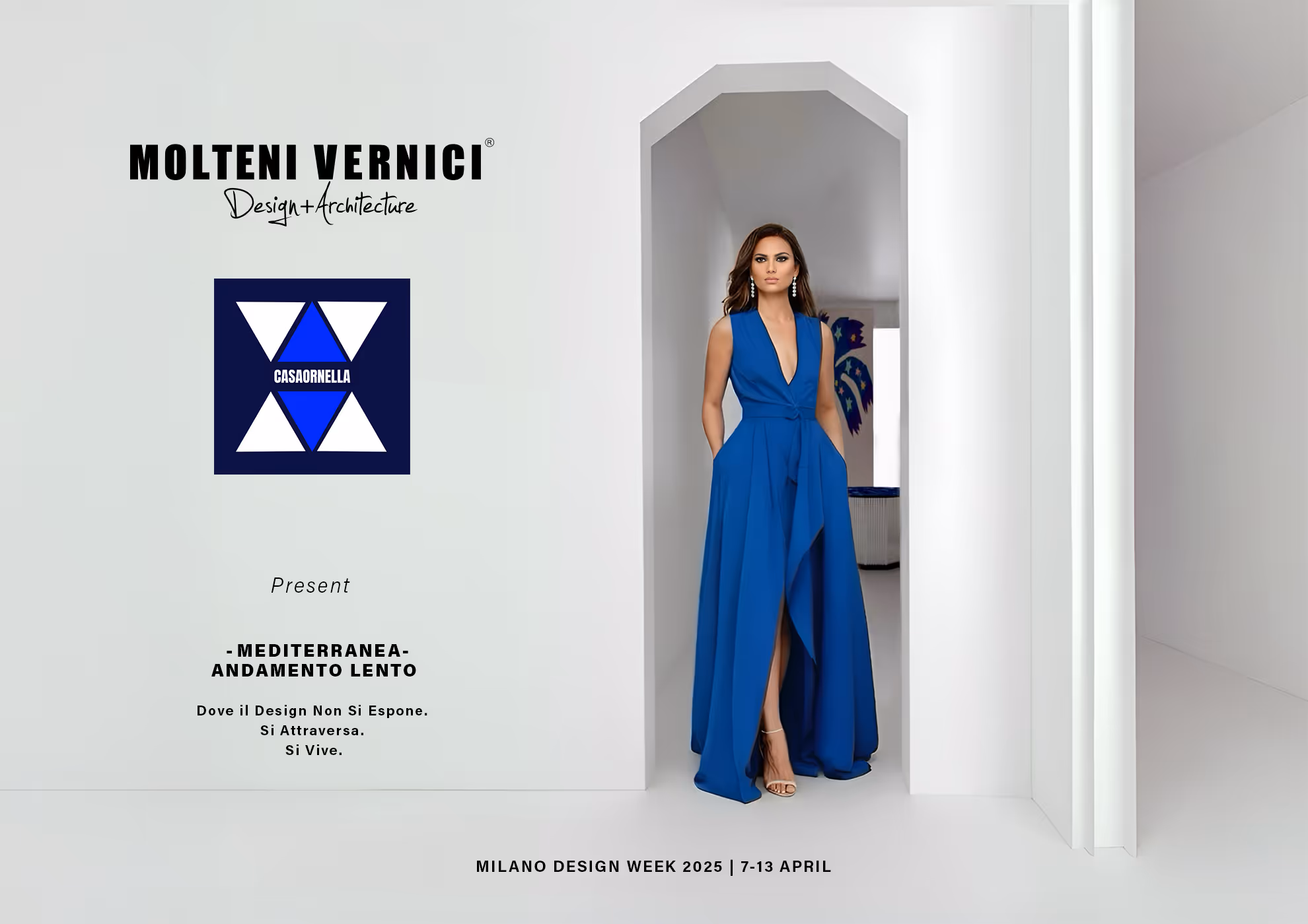 Woman in blue dress standing in architectural niche for Milano Design Week